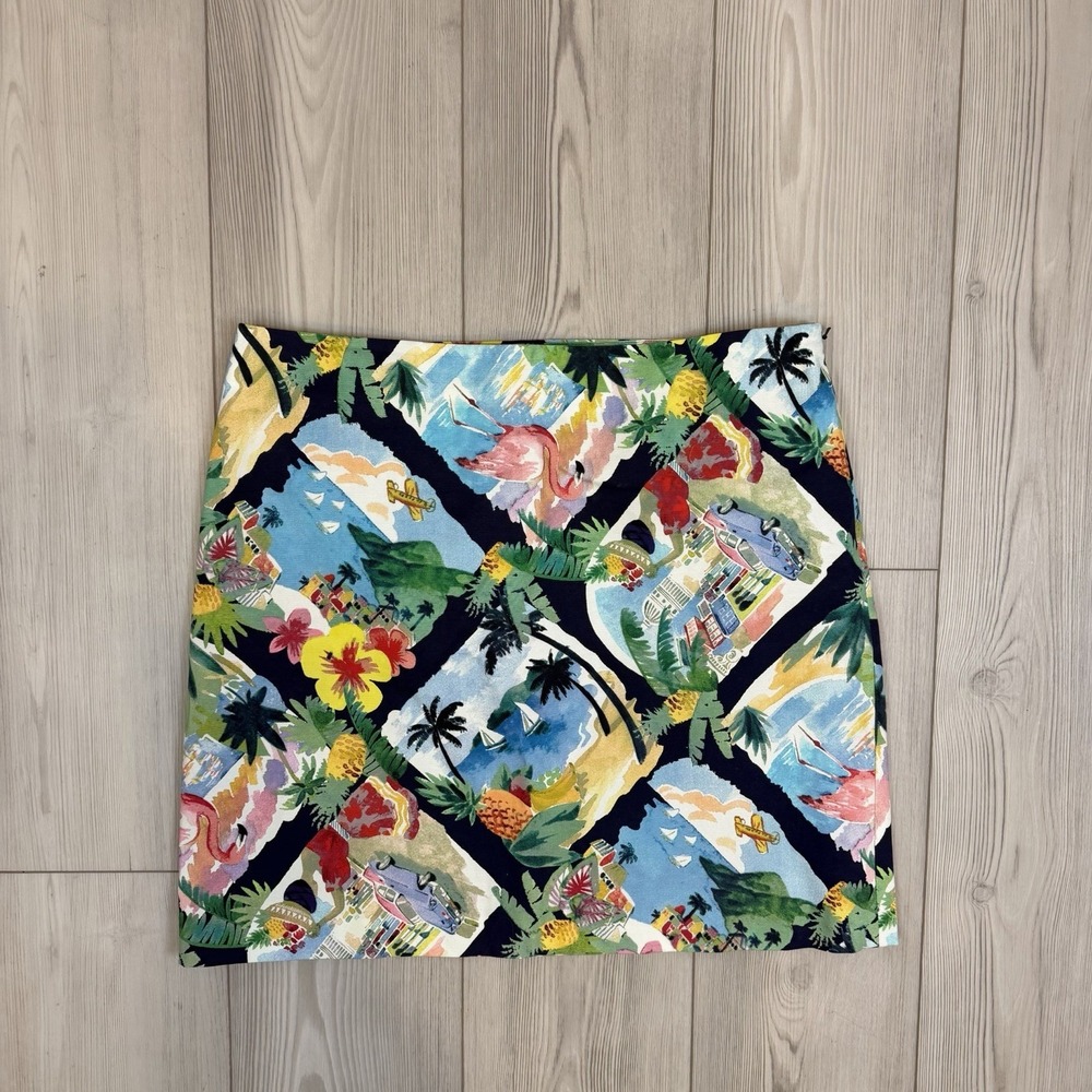 Talbots Navy Blue Tropical Flamingo Beach Sailboat‎ Print Novelty Skirt Size 14P